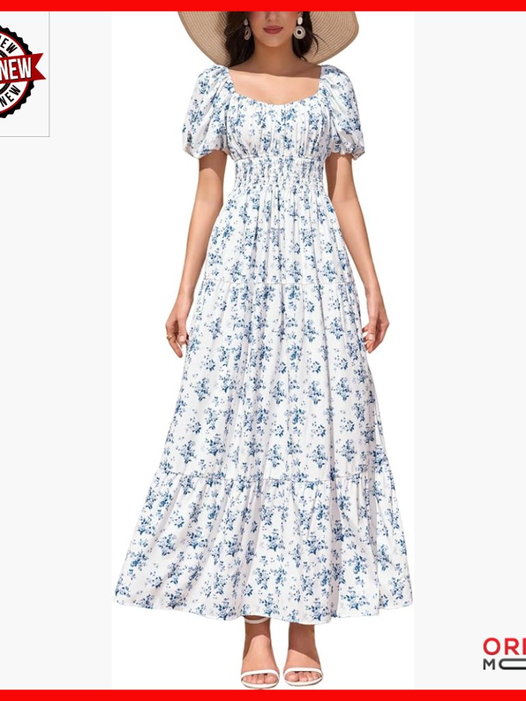 Puff Sleeve Maxi Dress A-Line Tiered Flowy Wedding Guest Beach